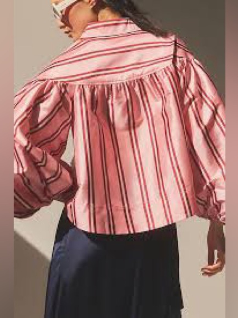 Pernille Rosenkilde for Anthropologie Puff-Sleeve Cropped Blouse, Pink Stripe, S - Picture 2 of 9